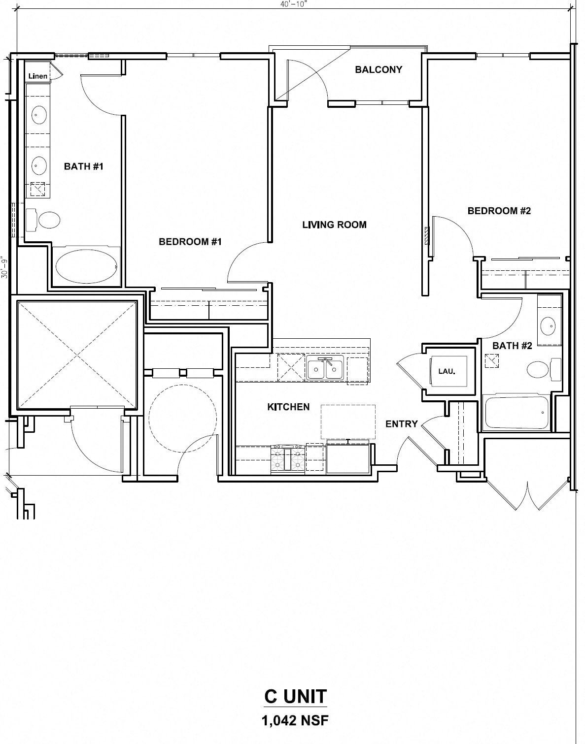 Floor plan for 2 beds, 2 baths, 1042 sqft