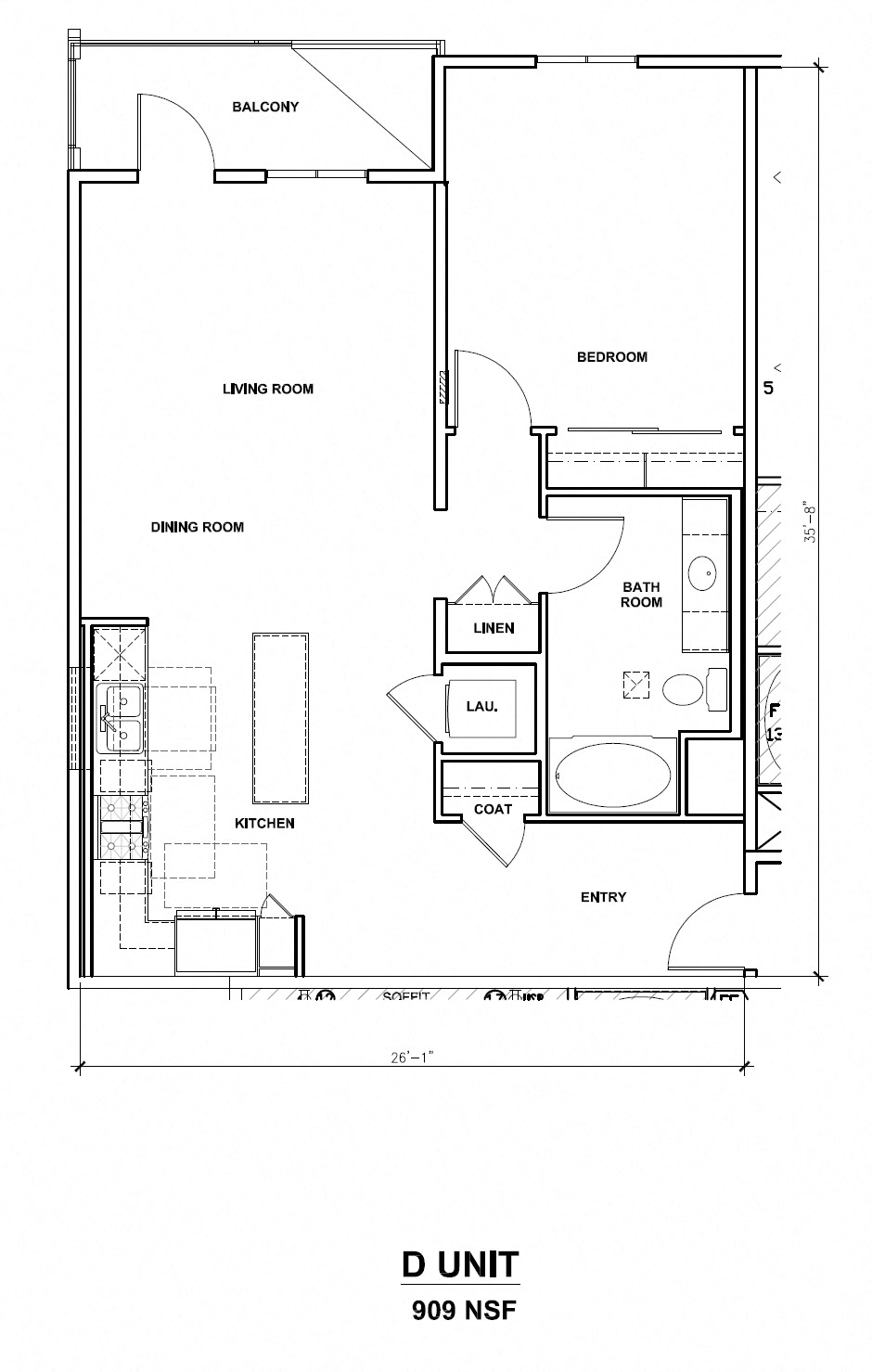 Floor plan for 1 bed, 1 bath, 909 sqft