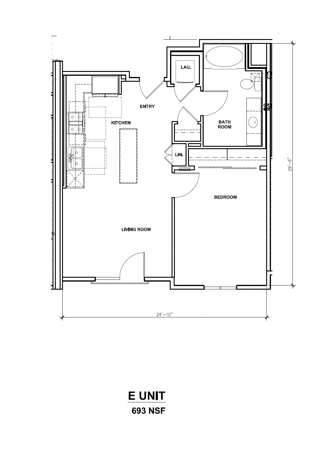 Floor plan for 1 bed, 1 bath, 693 sqft