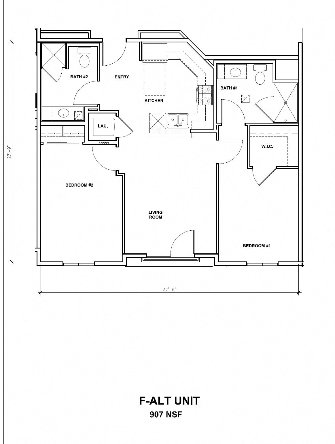 Floor plan for 2 beds, 2 baths, 907 sqft