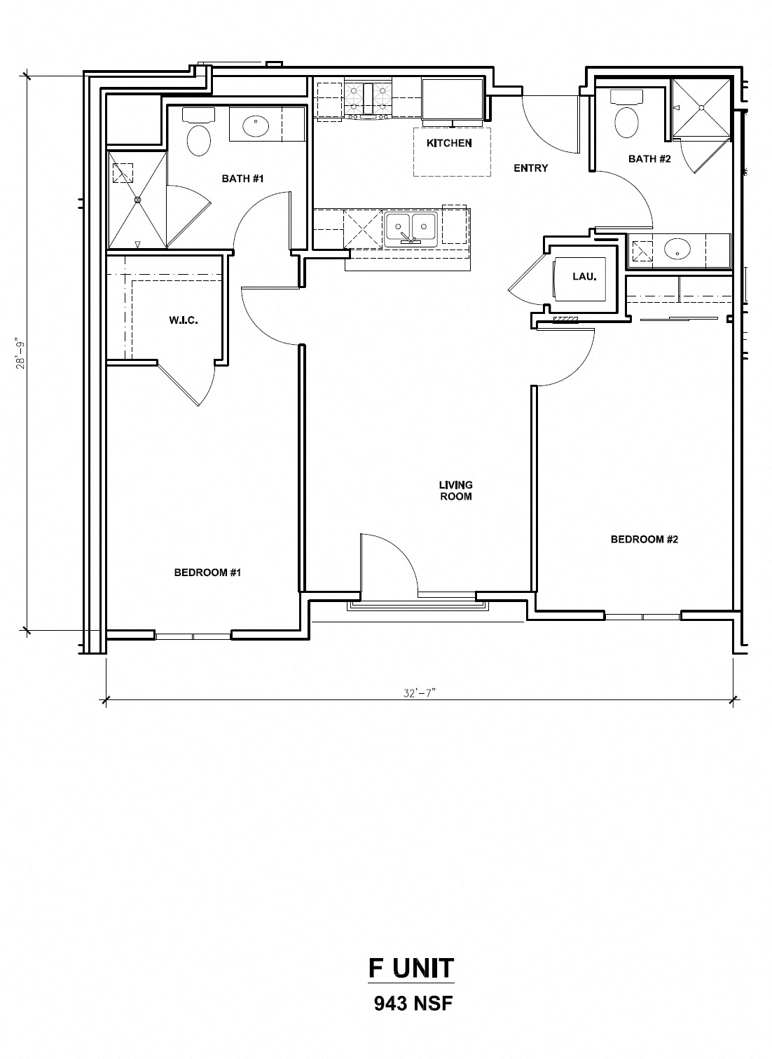 Floor plan for 2 beds, 2 baths, 943 sqft
