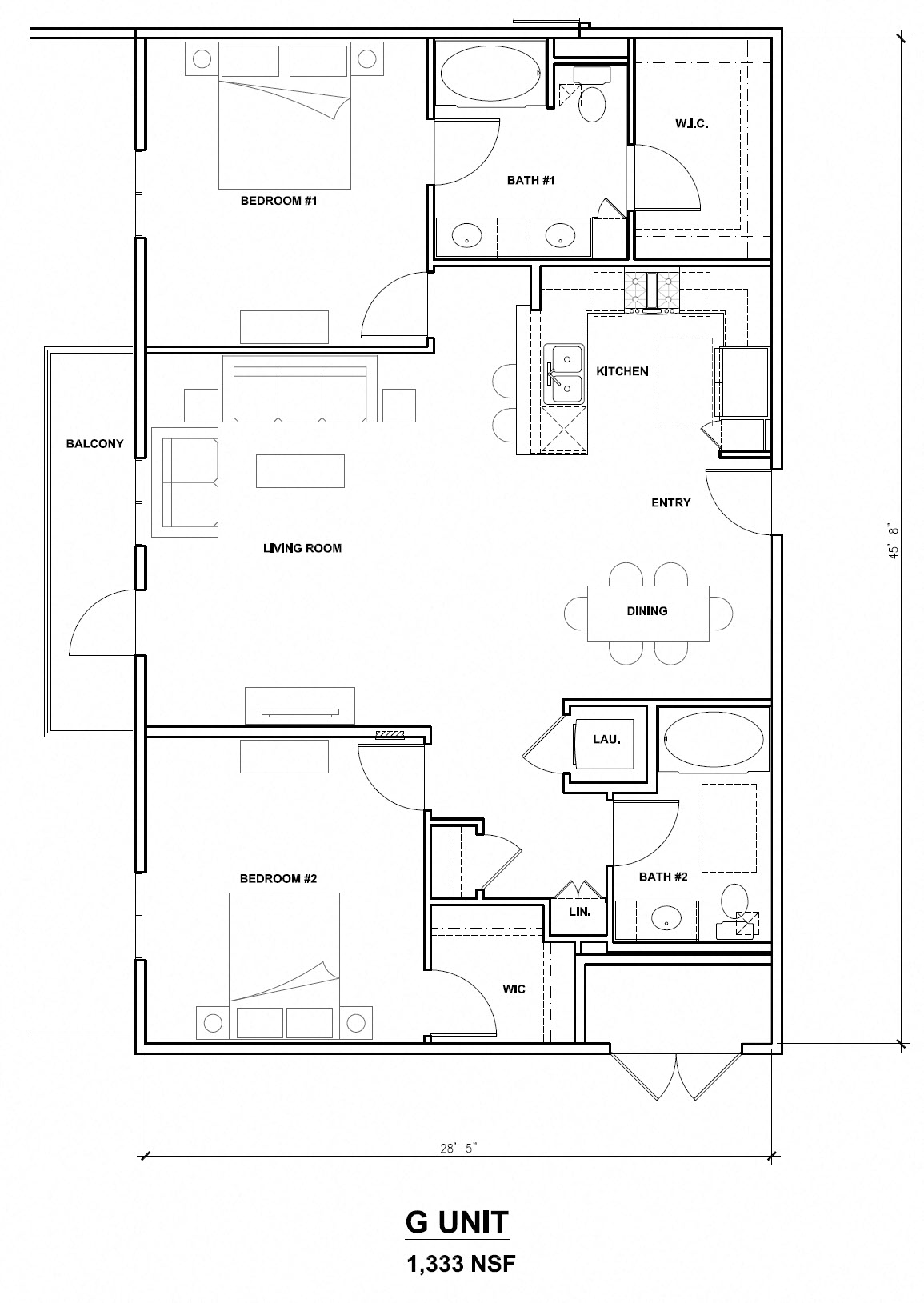 Floor plan for 2 beds, 2 baths, 1333 sqft