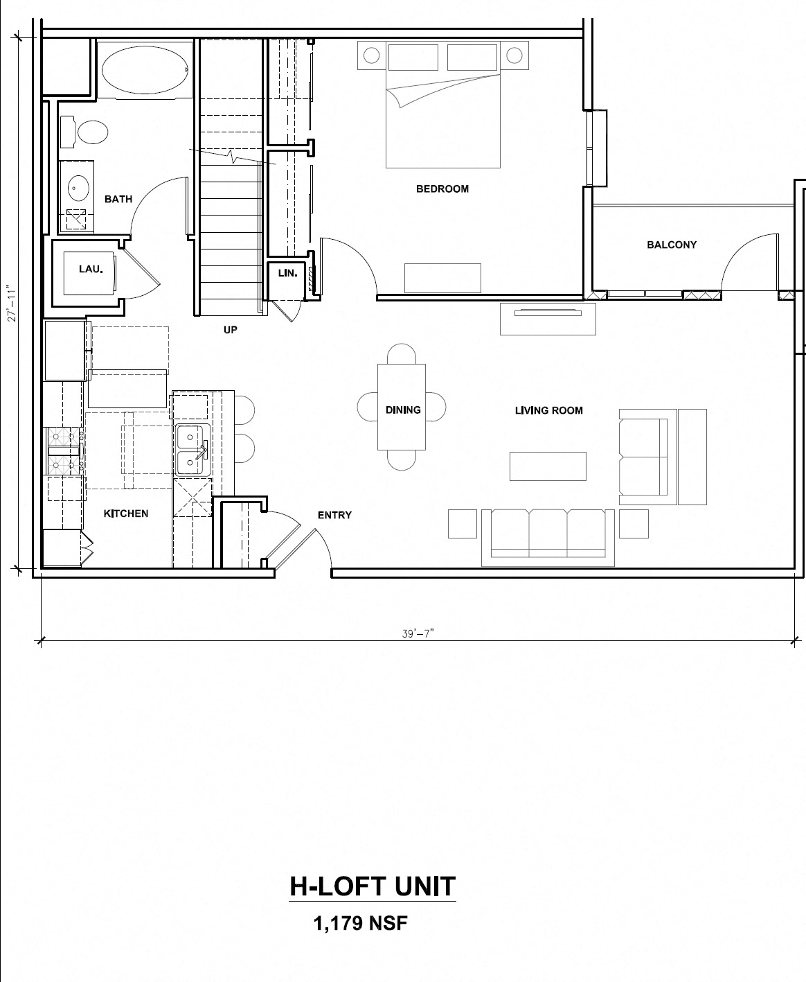 Floor plan for 1 bed, 1 bath, 1179 sqft