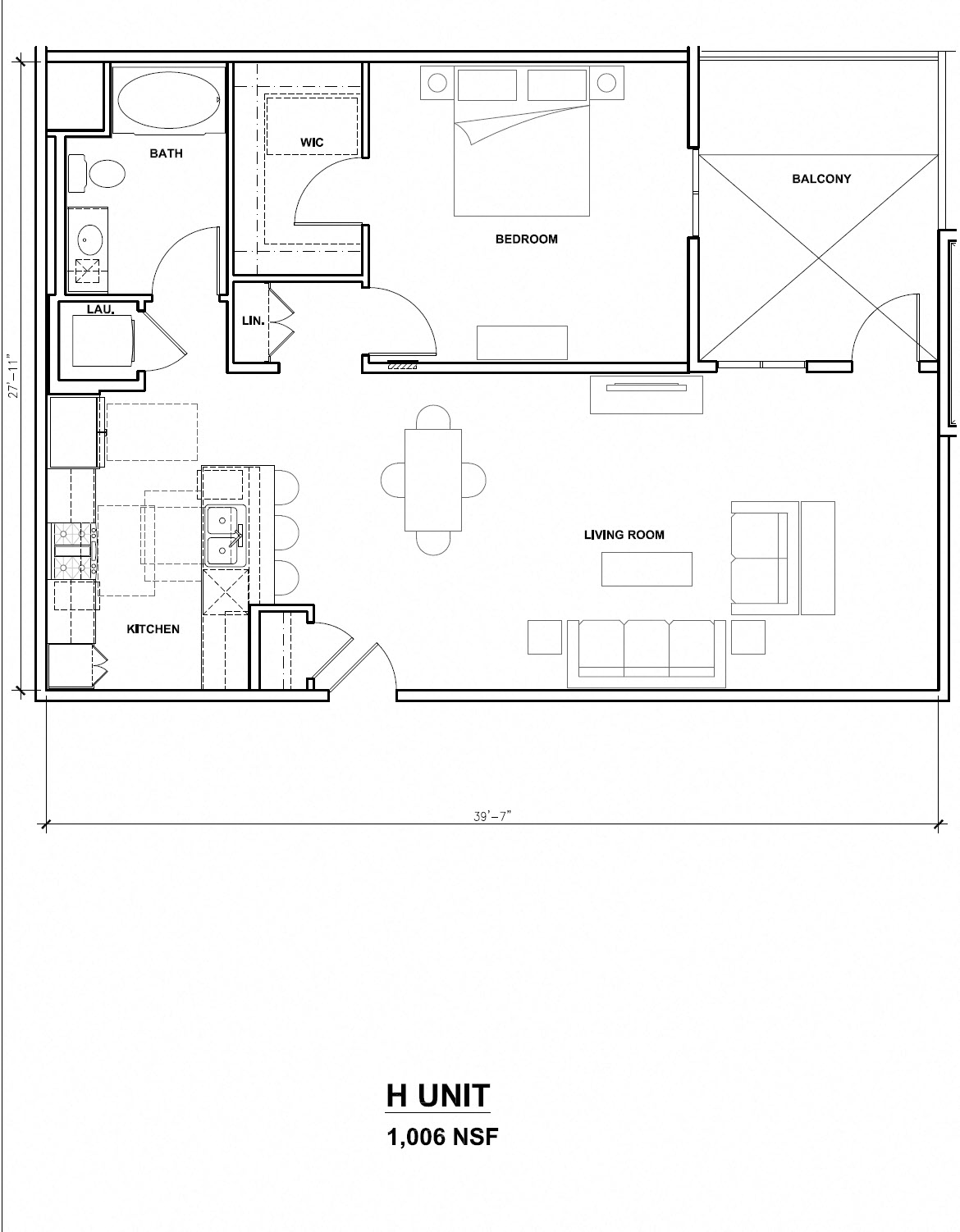 Floor plan for 1 bed, 1 bath, 1006 sqft