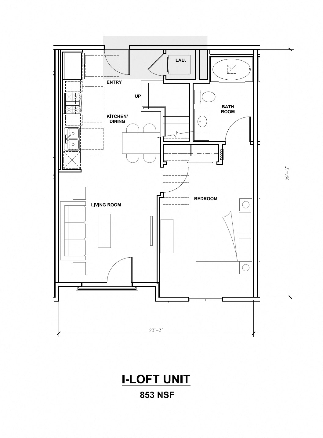 Floor plan for 1 bed, 1 bath, 853 sqft