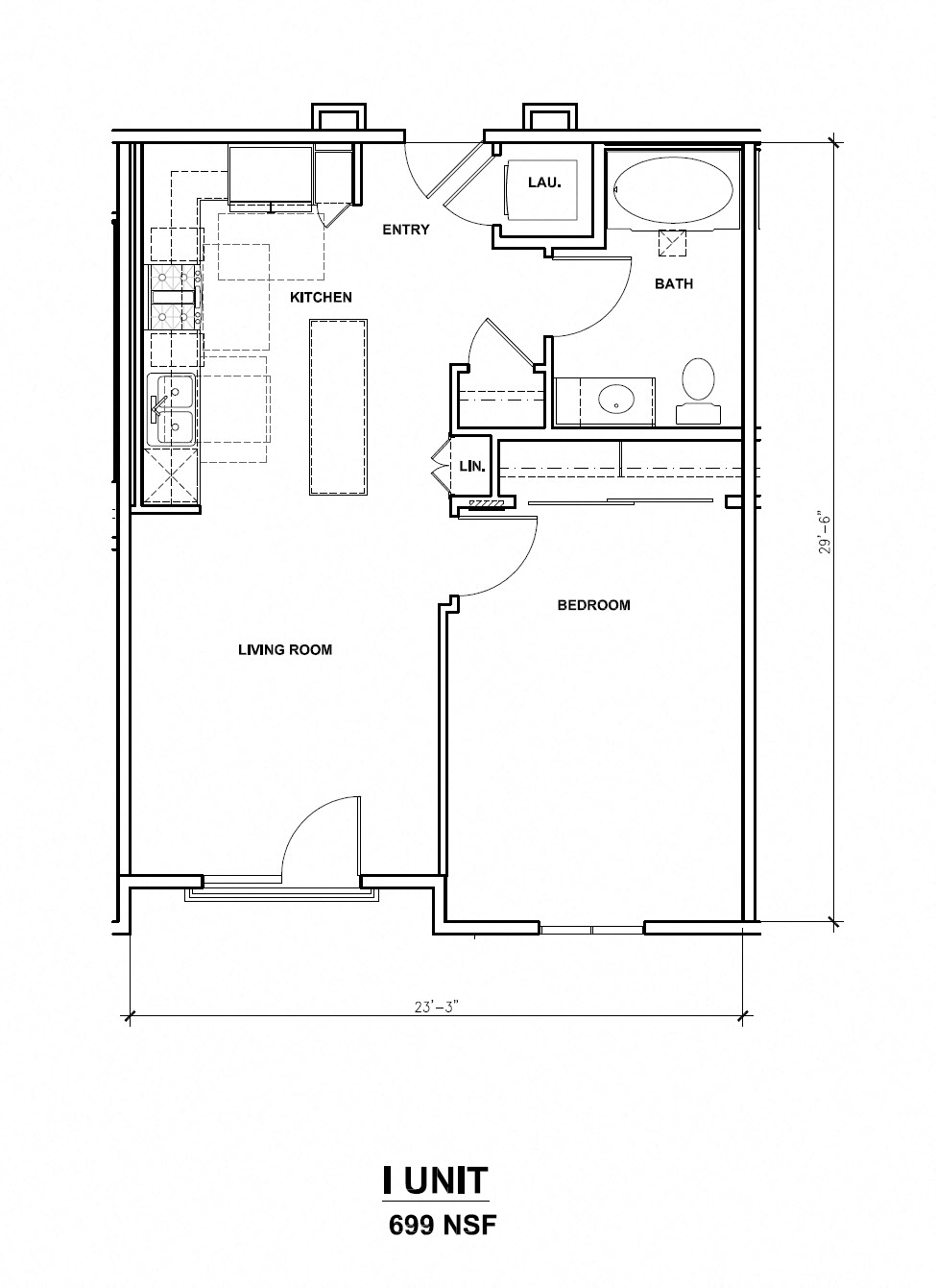 Floor plan for 1 bed, 1 bath, 699 sqft