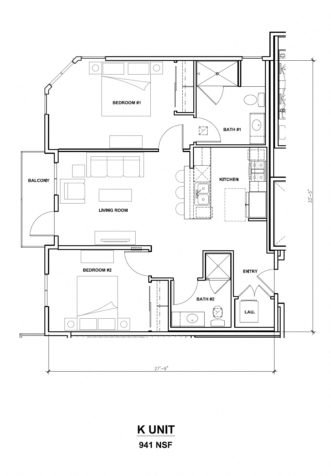 Floor plan for 2 beds, 2 baths, 941 sqft