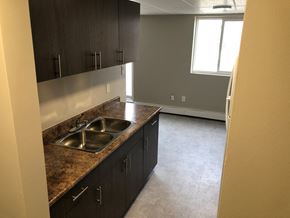 Sarnia apartment for rent - an empty kitchen with a sink and wooden cabinets