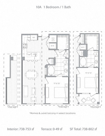 Floor plan for 1 bed, 1 bath, 753 sqft