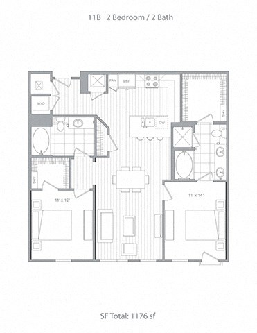 Floor plan for 2 beds, 2 baths, 1176 sqft