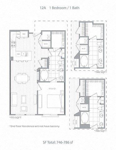 Floor plan for 1 bed, 1 bath, 786 sqft