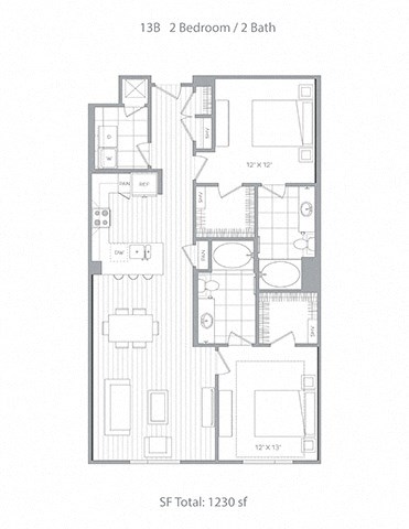 Floor plan for 2 beds, 2 baths, 1230 sqft