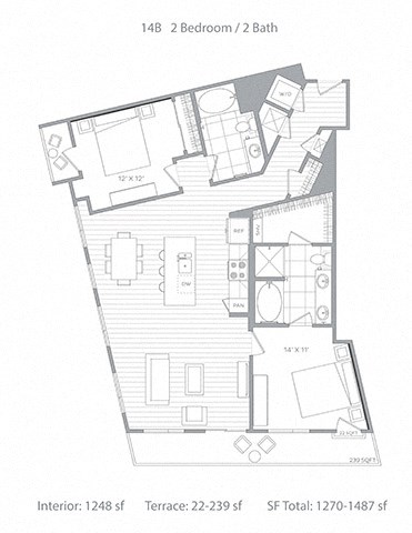 Floor plan for 2 beds, 2 baths, 1248 sqft