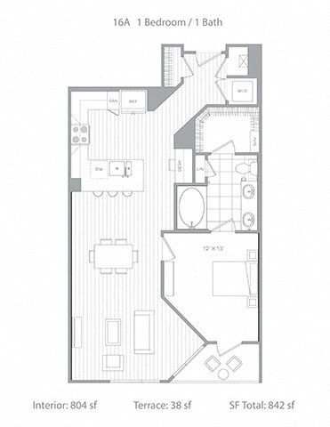 Floor plan for 1 bed, 1 bath, 804 sqft