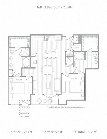 Floor plan for 2 beds, 2 baths, 1251 sqft