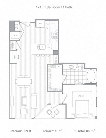 Floor plan for 1 bed, 1 bath, 809 sqft