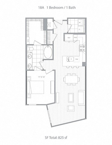 Floor plan for 1 bed, 1 bath, 825 sqft