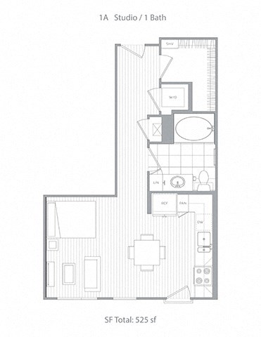 Floor plan for studio, 1 bath, 525 sqft