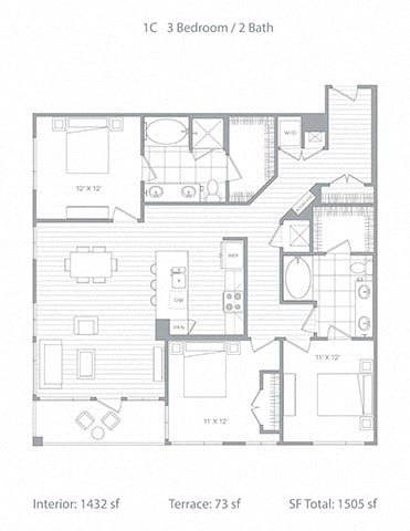 Floor plan for 3 beds, 2 baths, 1432 sqft