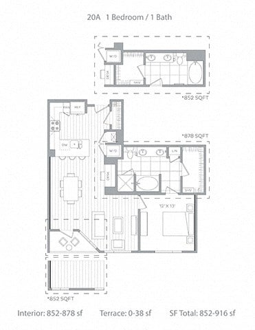 Floor plan for 1 bed, 1 bath, 878 sqft