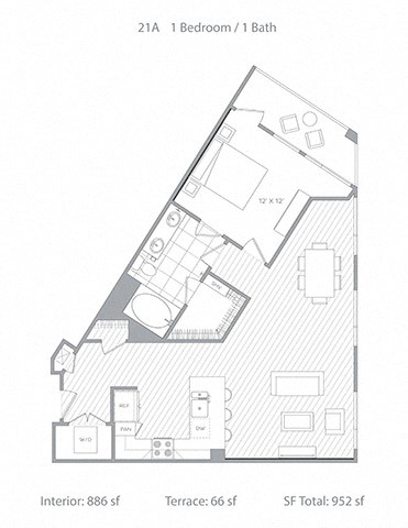 Floor plan for 1 bed, 1 bath, 886 sqft