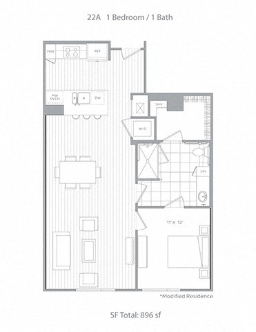 Floor plan for 1 bed, 1 bath, 896 sqft