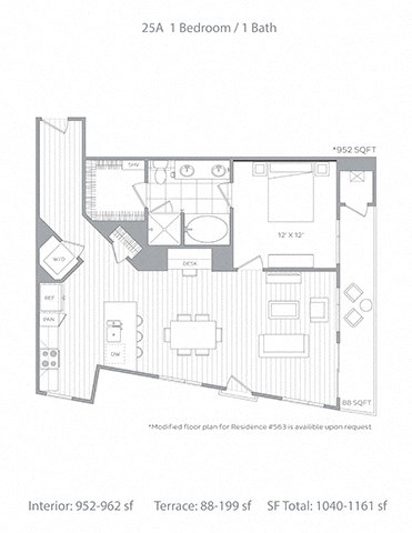 Floor plan for 1 bed, 1 bath, 962 sqft
