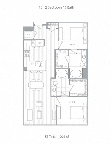 Floor plan for 2 beds, 2 baths, 1001 sqft