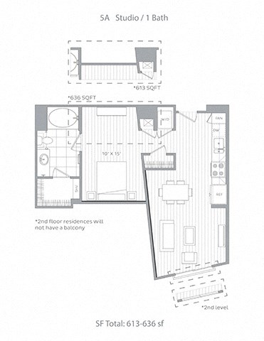 Floor plan for studio, 1 bath, 636 sqft