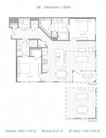 Floor plan for 2 beds, 2 baths, 1147 sqft