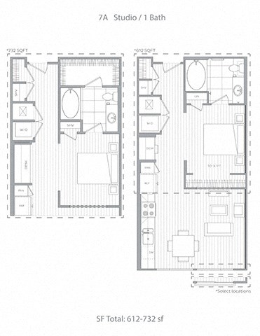 Floor plan for studio, 1 bath, 732 sqft