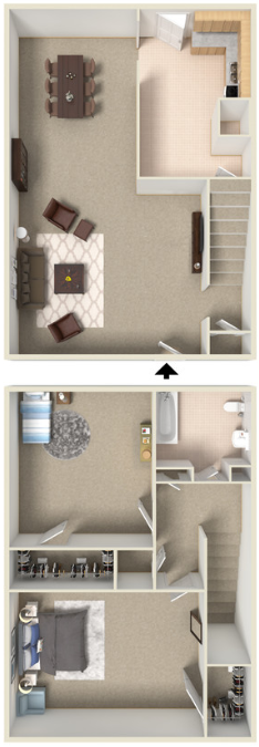 Floor plan for 2 beds, 1 bath, 785 sqft