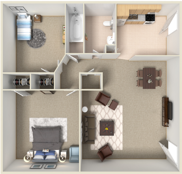 Floor plan for 2 beds, 1 bath, 667 sqft