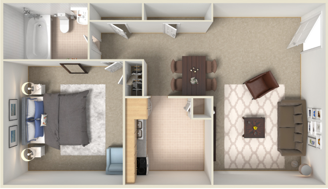 Floor plan for 1 bed, 1 bath, 667 sqft