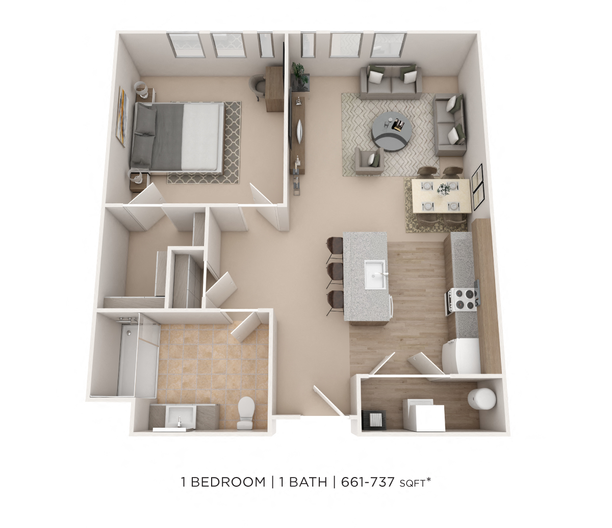 Floor plan for 1 bed, 1 bath, 676 sqft