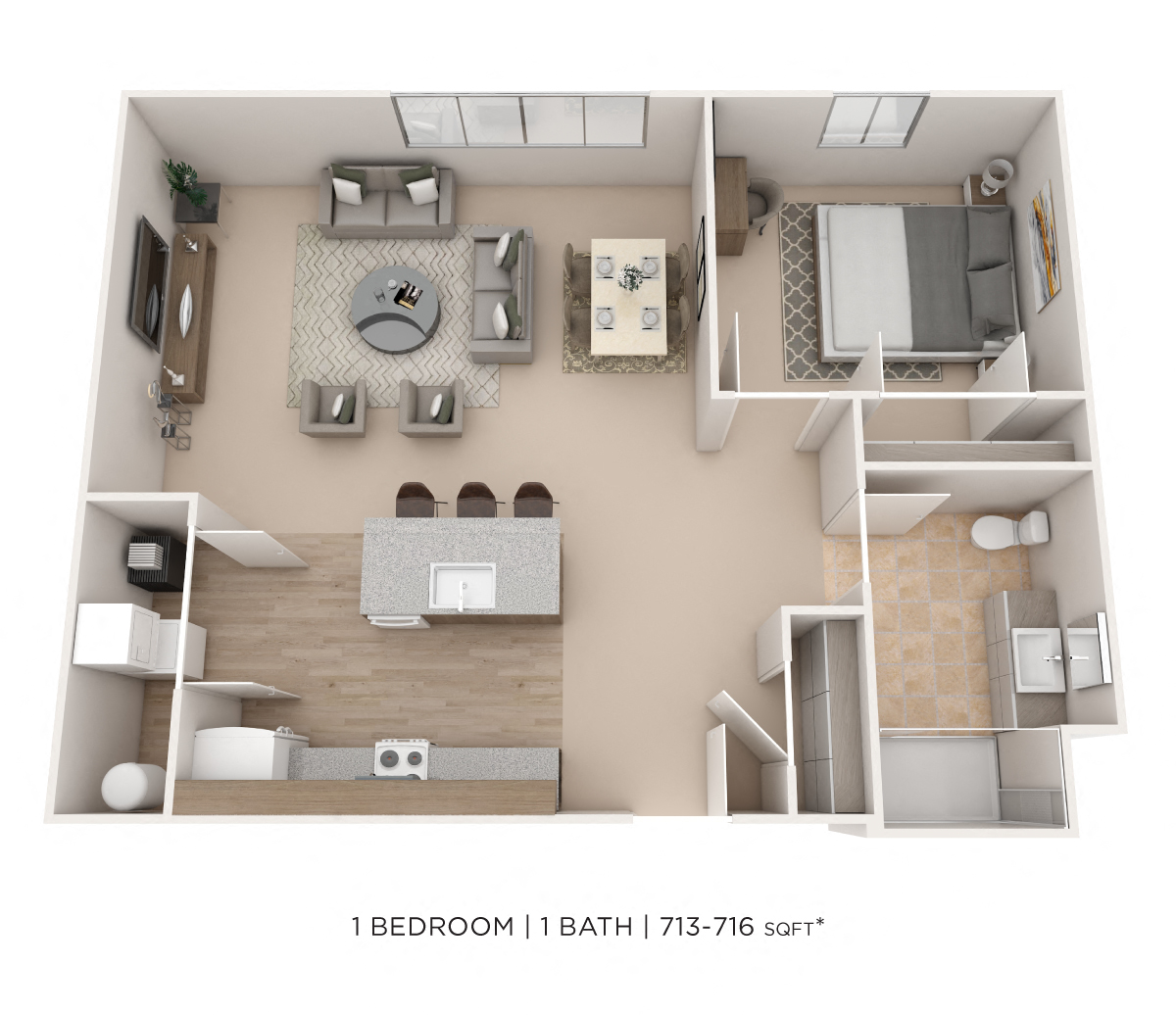 Floor plan for 1 bed, 1 bath, 713 sqft