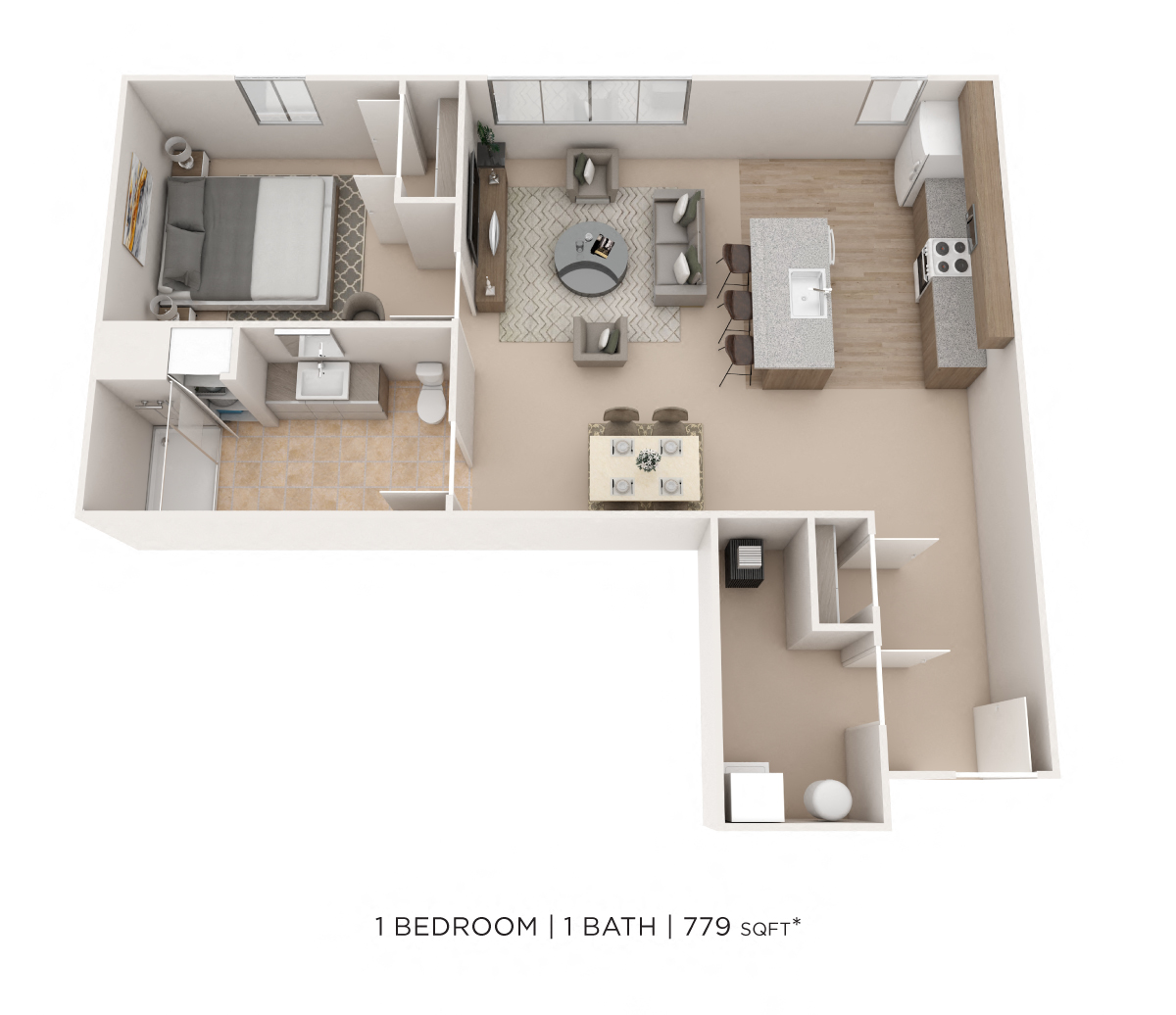 Floor plan for 1 bed, 1 bath, 779 sqft