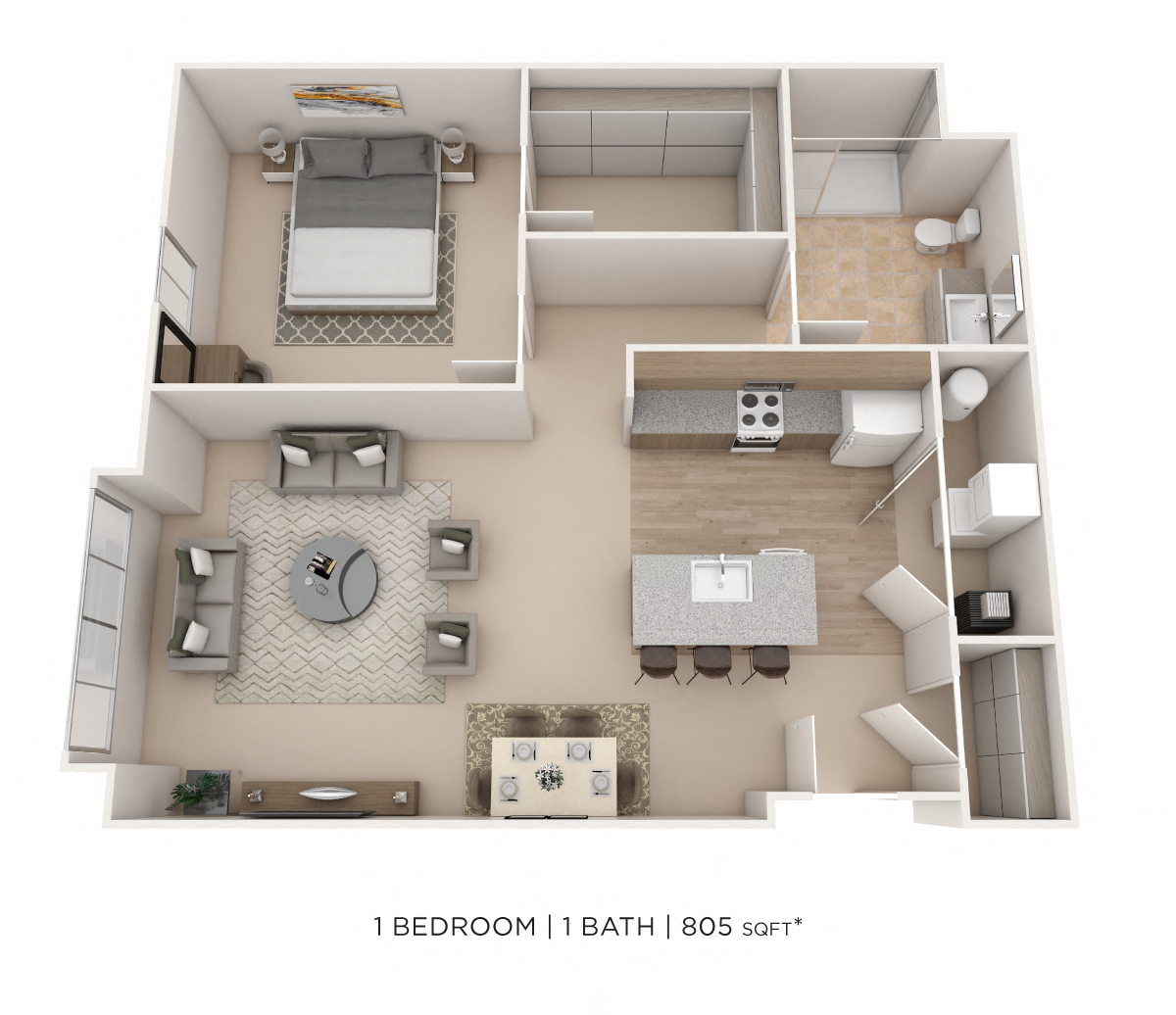Floor plan for 1 bed, 1 bath, 805 sqft