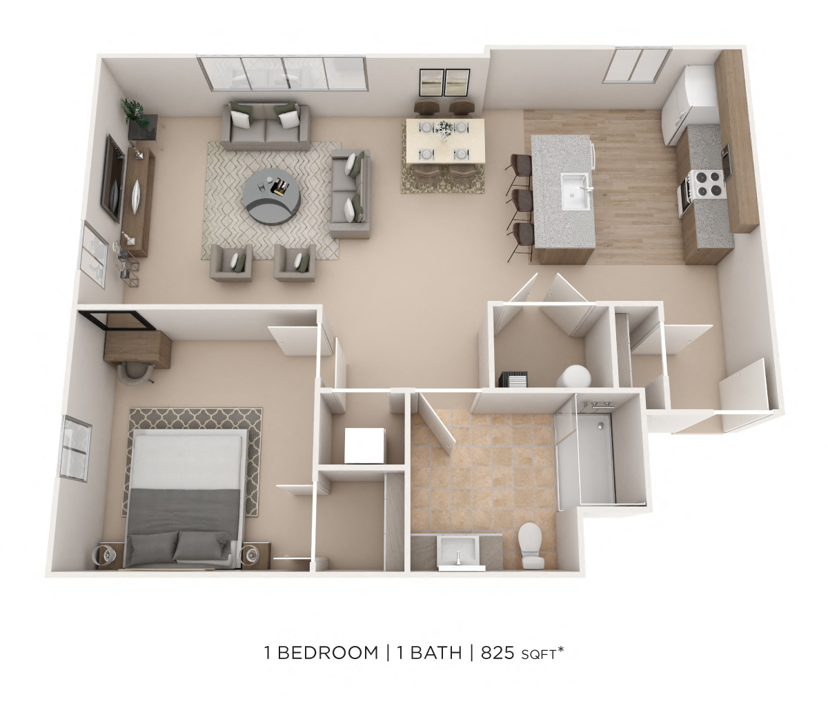 Floor plan for 1 bed, 1 bath, 825 sqft
