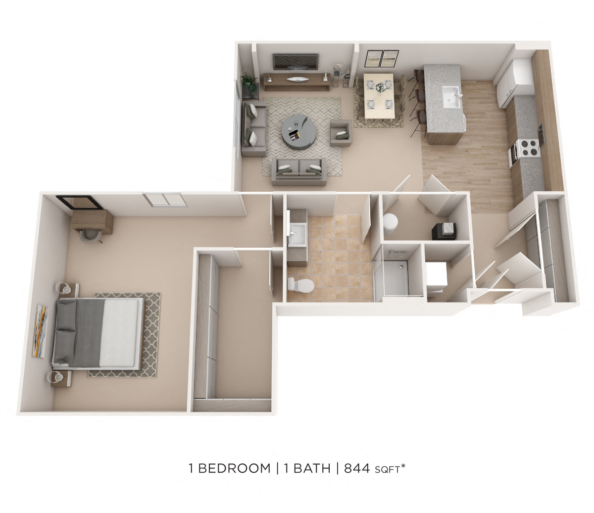 Floor plan for 1 bed, 1 bath, 844 sqft