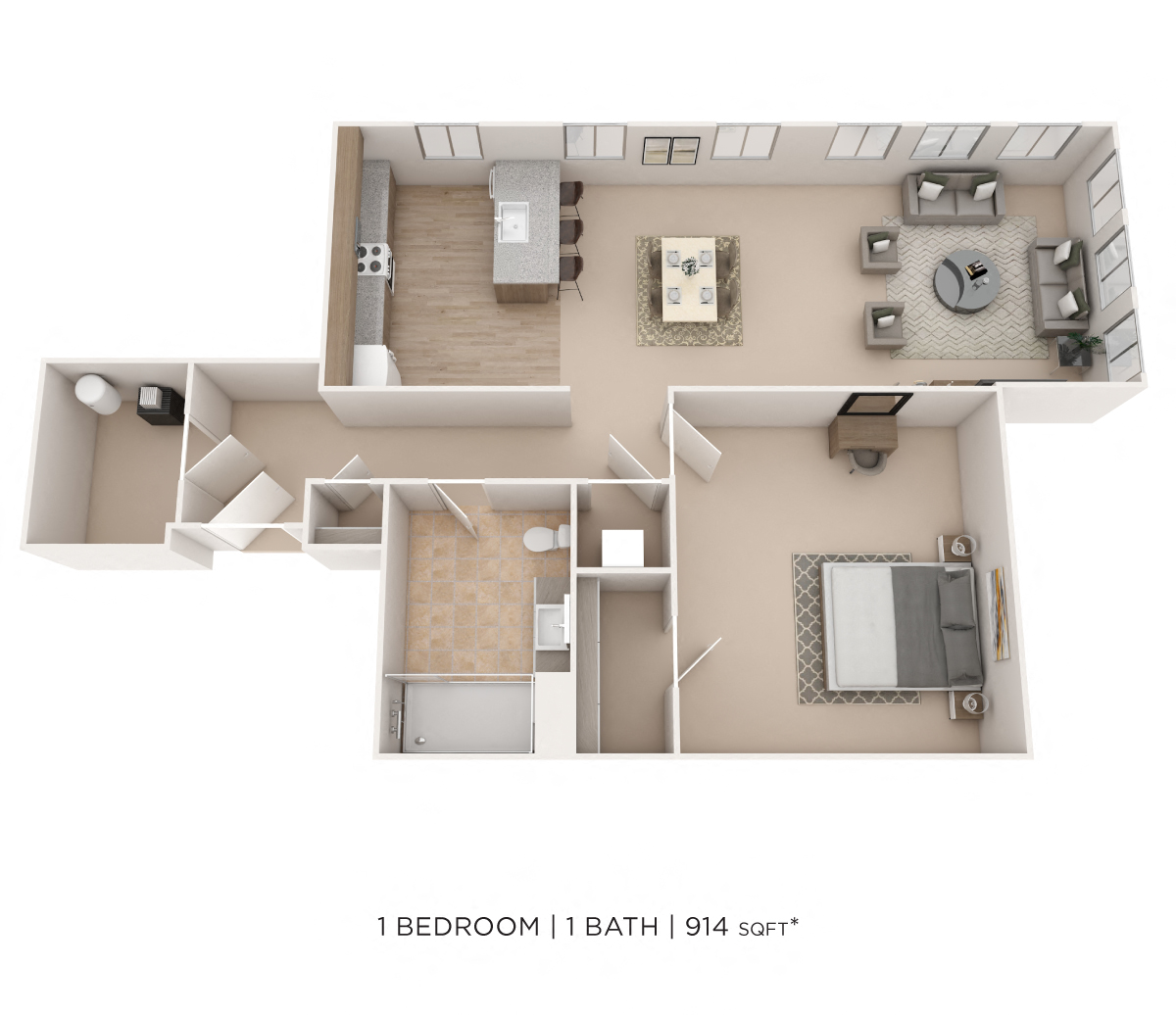 Floor plan for 1 bed, 1 bath, 914 sqft