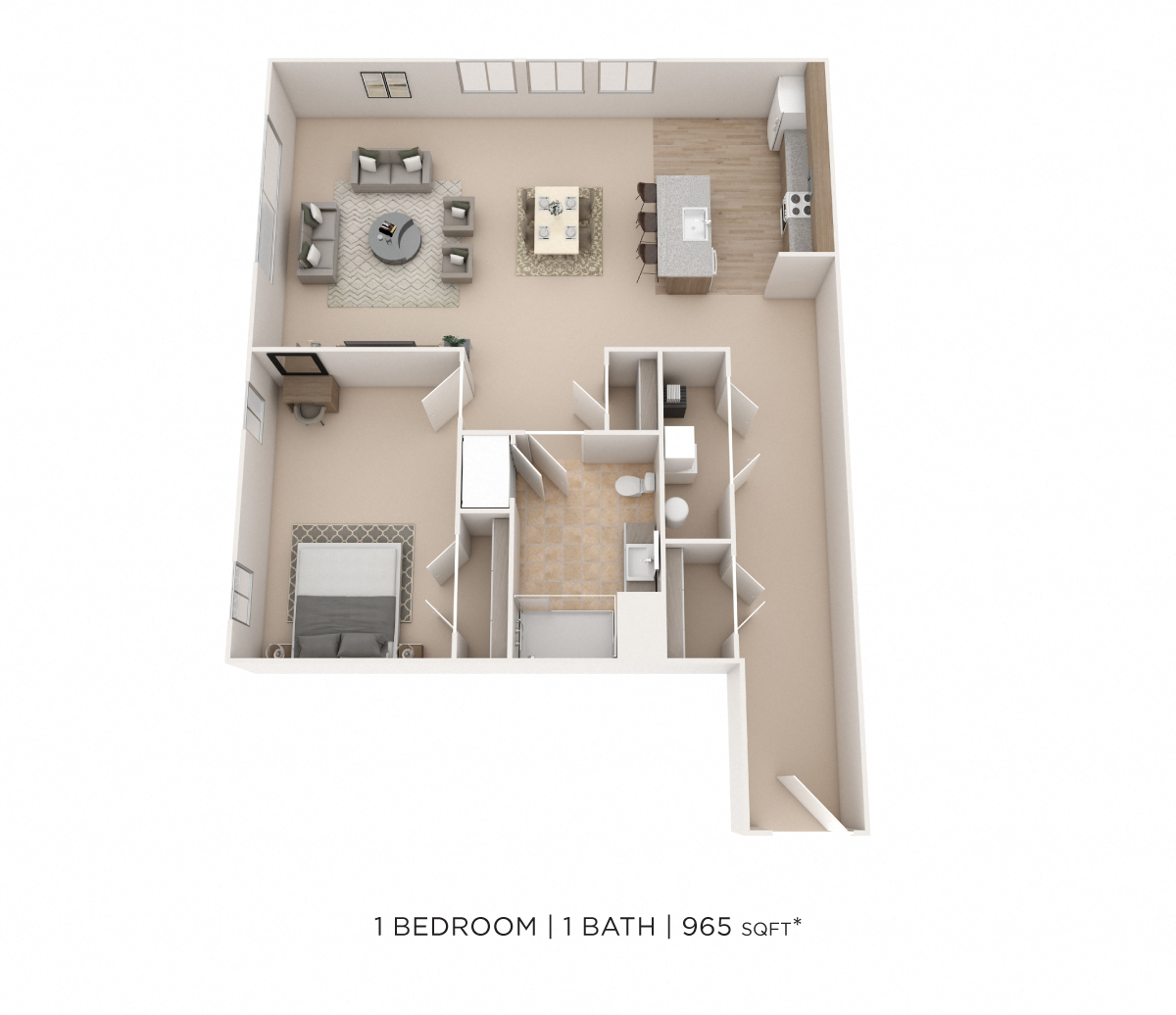 Floor plan for 1 bed, 1 bath, 965 sqft