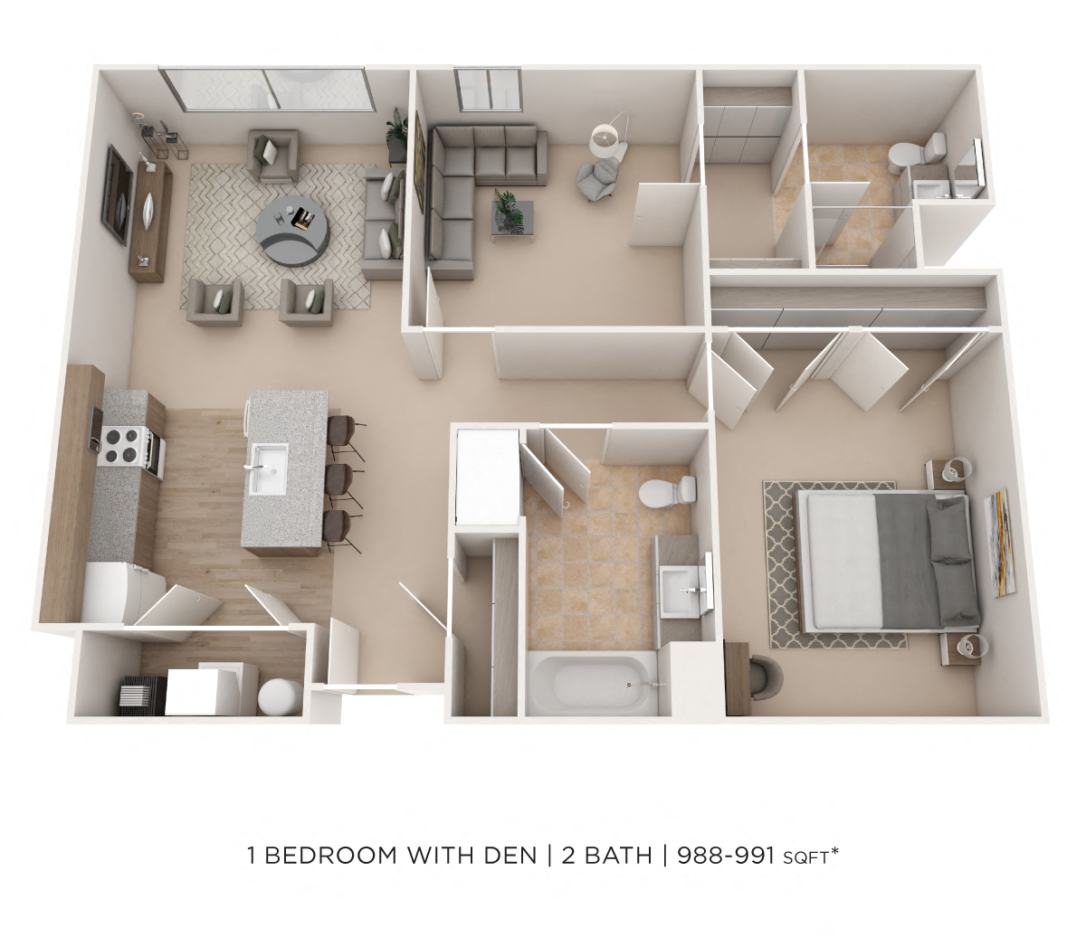 Floor plan for 1 bed, 2 baths, 991 sqft