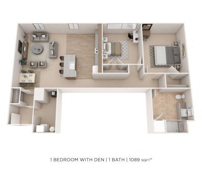 Floor plan for 1 bed, 1 bath, 1089 sqft