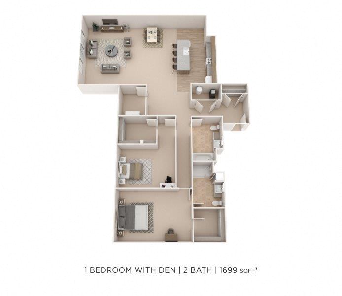 Floor plan for 2 beds, 2 baths, 1699 sqft