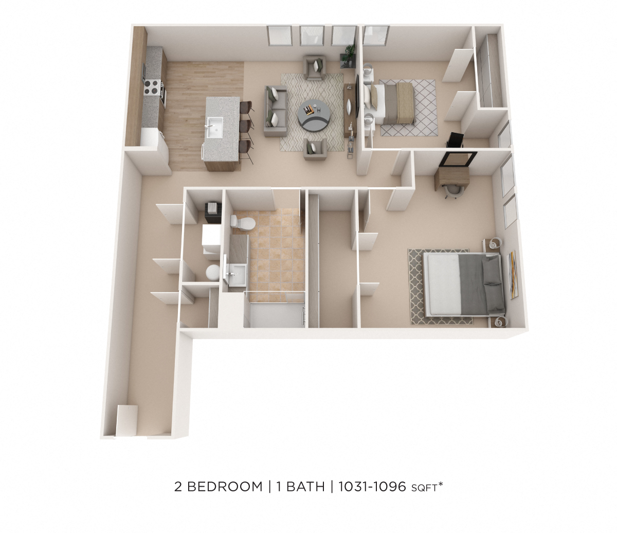 Floor plan for 2 beds, 1 bath, 1031 sqft