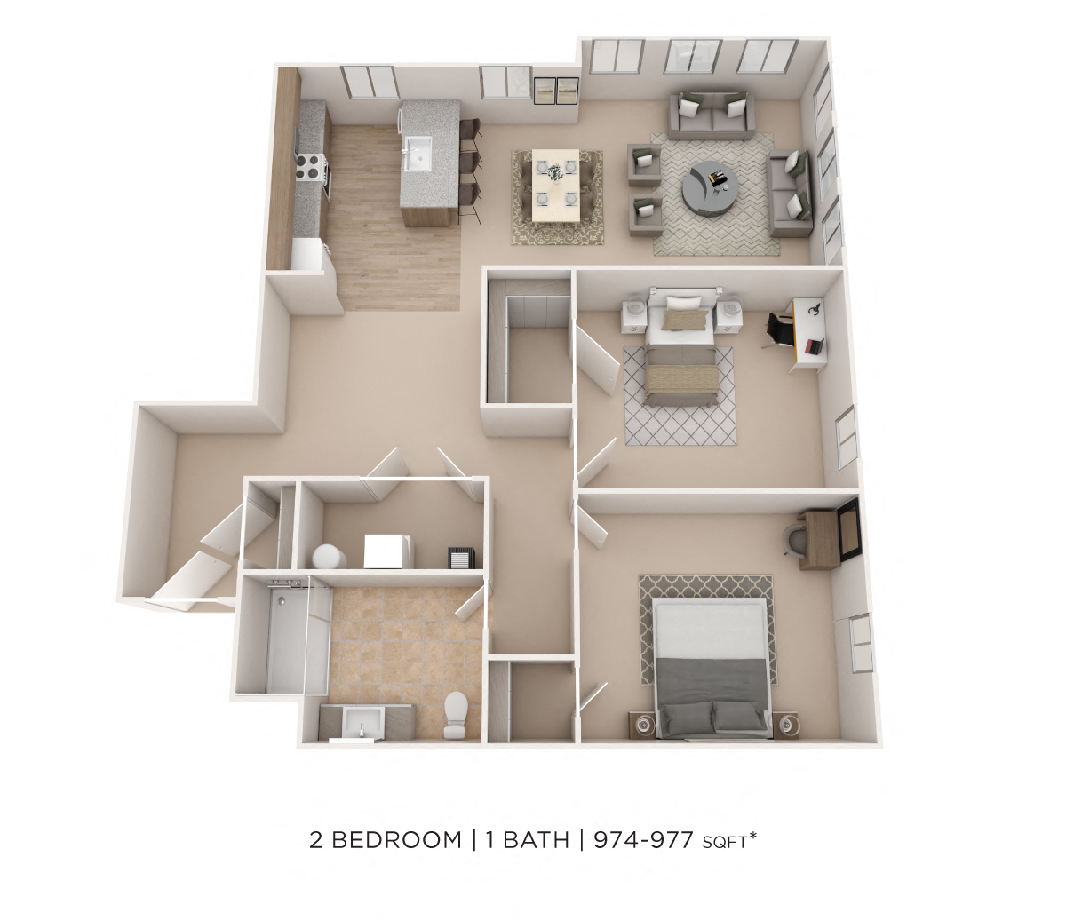 Floor plan for 2 beds, 1 bath, 974 sqft