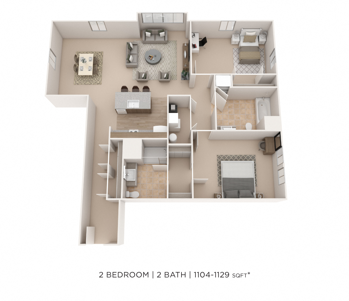 Floor plan for 2 beds, 2 baths, 1104 sqft