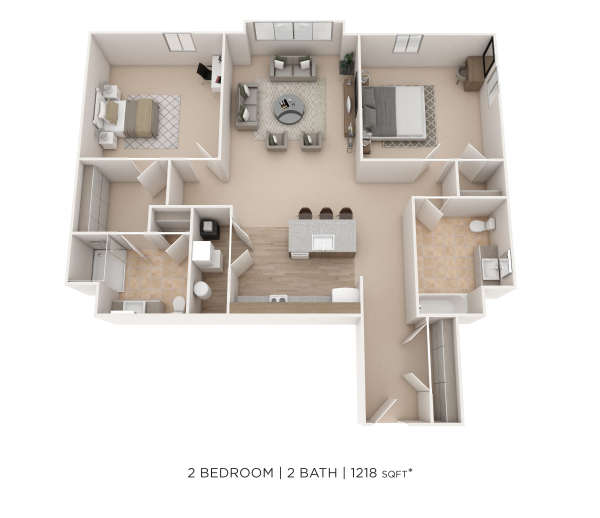 Floor plan for 2 beds, 2 baths, 1218 sqft