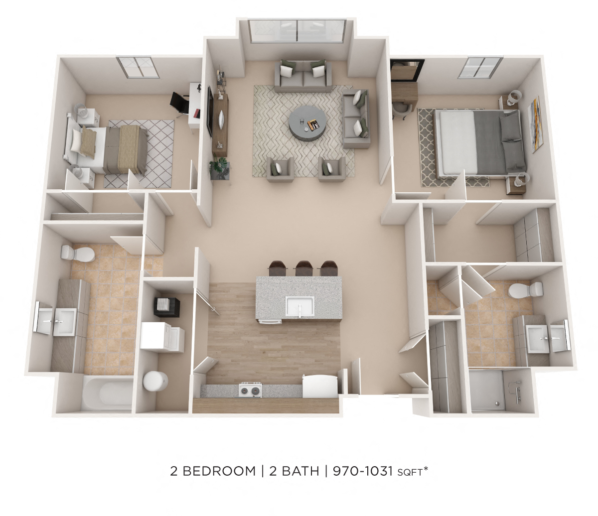 Floor plan for 2 beds, 2 baths, 1031 sqft